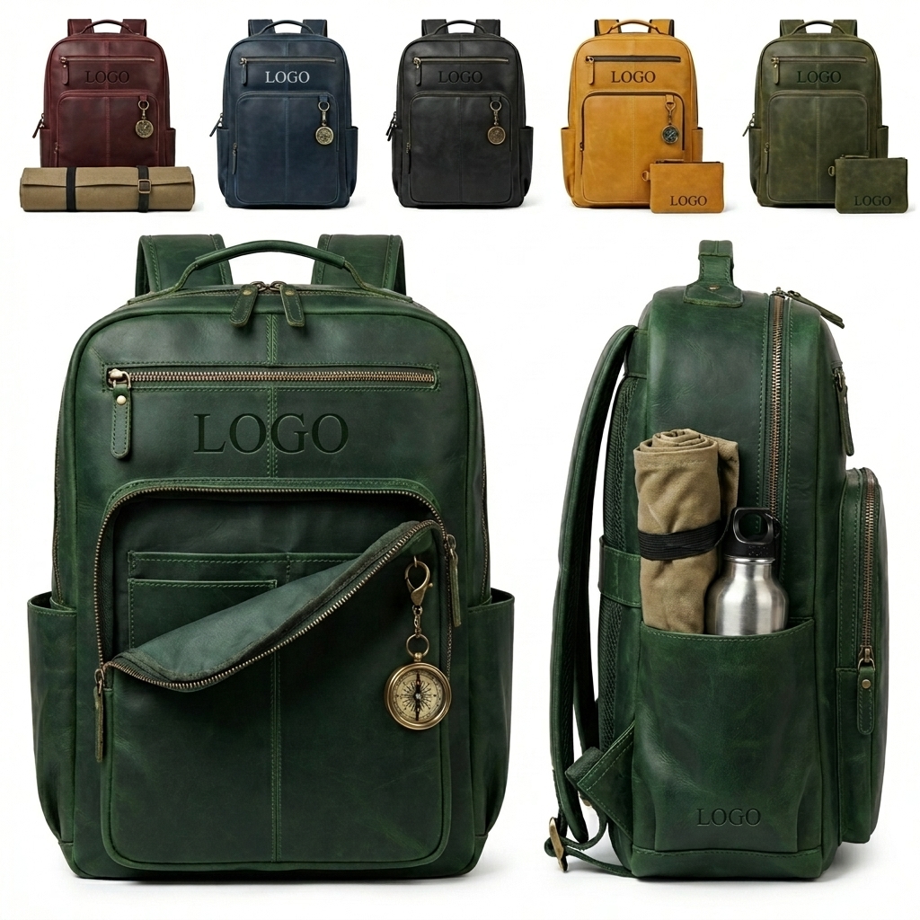 Aged Patina Leather Professional Backpack, Large Capacity for 15.6-Inch Laptop & Travel