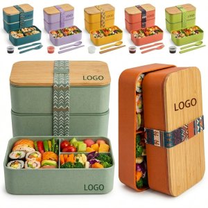 Stackable 2-Tier Wheat Straw Bento Box with Bamboo Lid & Utensil Set